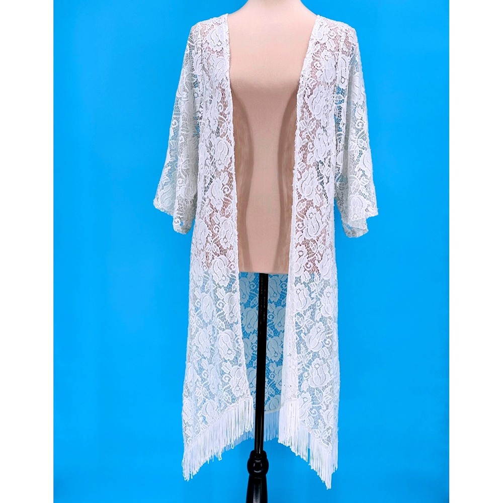Dots Womens White Floral Lace Fringe Duster Kimono Cardigan Open Front Small